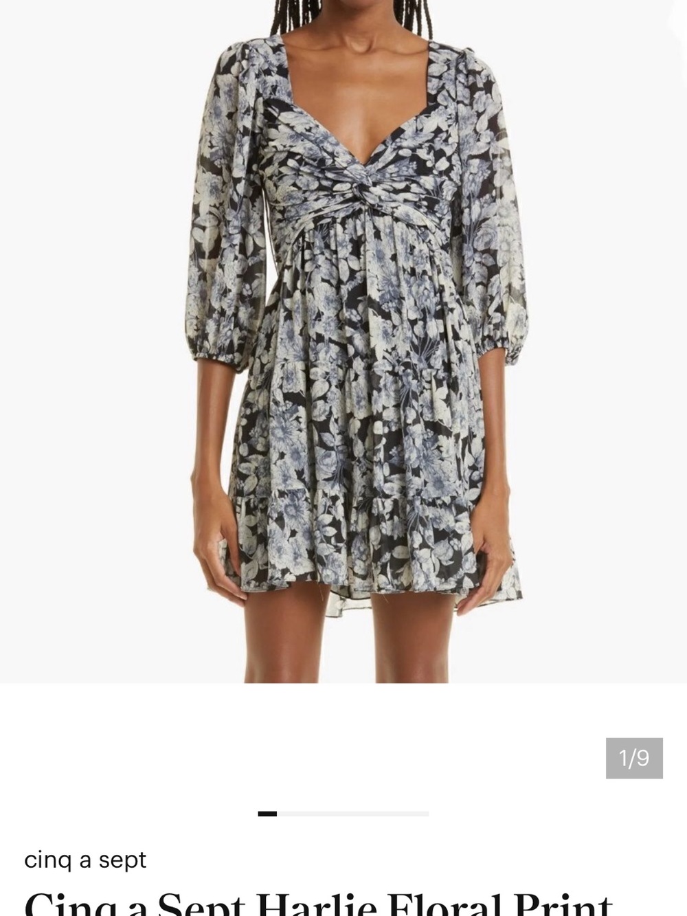 cinq a sept Floral Twist-Front Mini Dress in Black and Light Blue